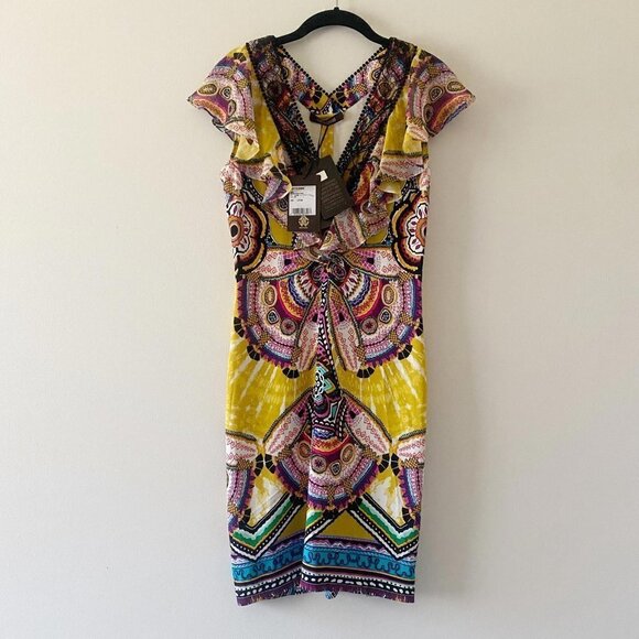 ROBERTO CAVALLI yellow pattern short sleeve mini dress - Picture 3 of 9